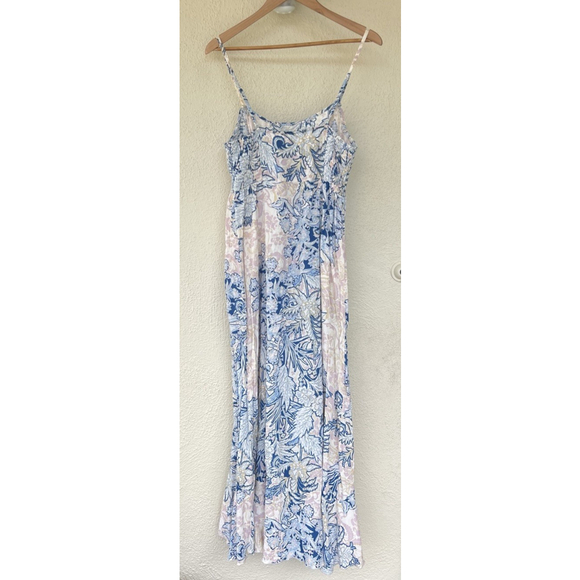 Free People Forever Yours Floral Maxi Dress M Blue Smocked Boho Fairy Vacation - Picture 11 of 14